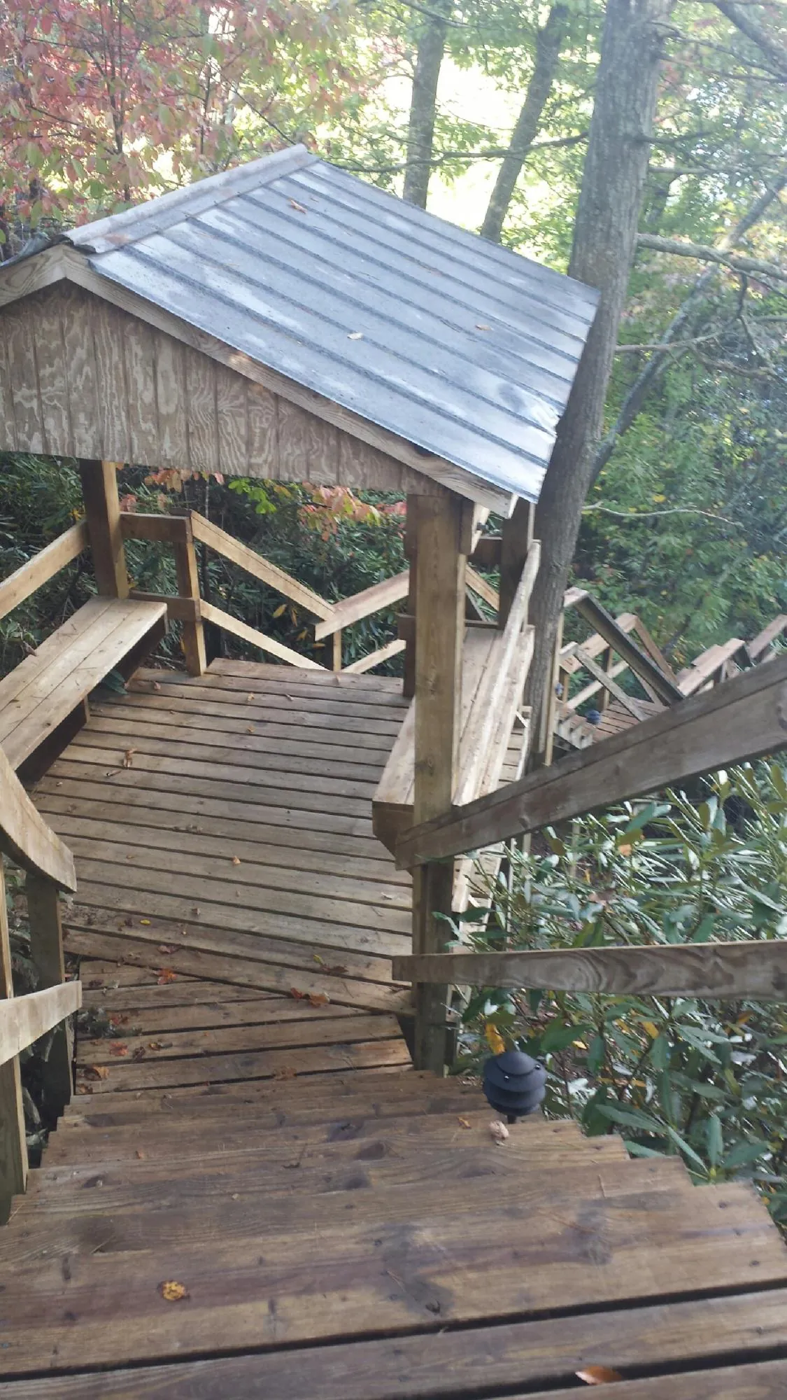 Metal roofed shelter over wooden steps on a wooded walkway — Skylight Repair & Installation work by our crew in Blairsville